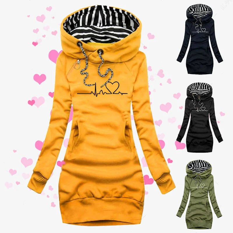 Heart Print Long Clothes Women Hoodie Sweatshirt Pullover Tops Button Front Sweater