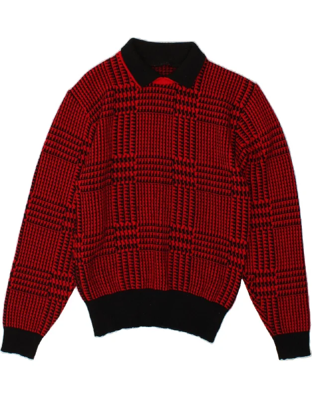 VINTAGE Womens Polo Neck Jumper Sweater UK 14 Medium Red Check Toggled Drawstring Belted