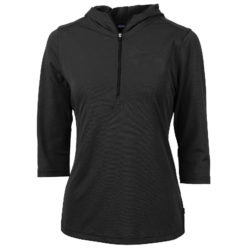 Cutter & Buck Women's Black Virtue Eco Pique Recycled Half Zip Pullover Hoodie Notched Neck Pullover