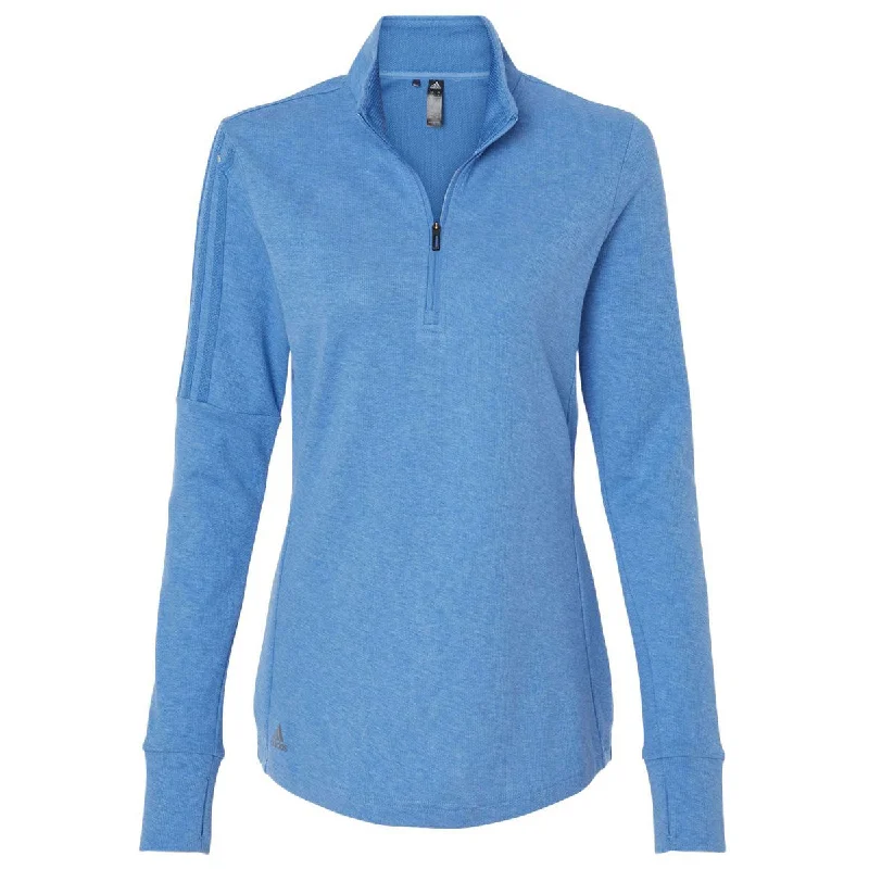 adidas Women's Focus Blue Melange 3-Stripes Quarter Zip Pullover Deep Neck Pullover