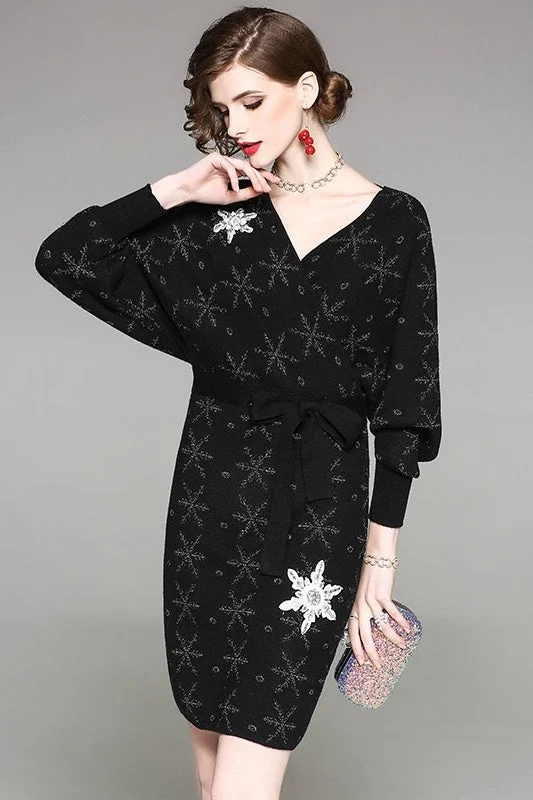 V Neck Snowflake Sweater Dress Print Jacquard Patchwork