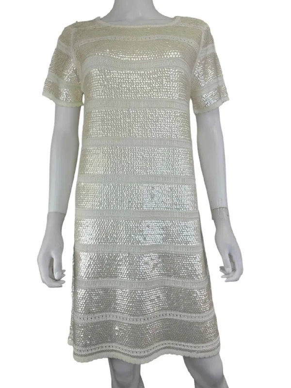 Catherine Malandrino Cream Sequined Sweater Dress Size M Transparent Opaque Sheer