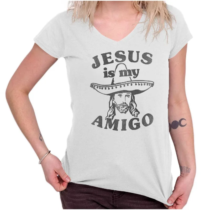 Amigo Jesus Junior Fit V-Neck T Shirt Spandex Blend Rayon Blend Denim Blend