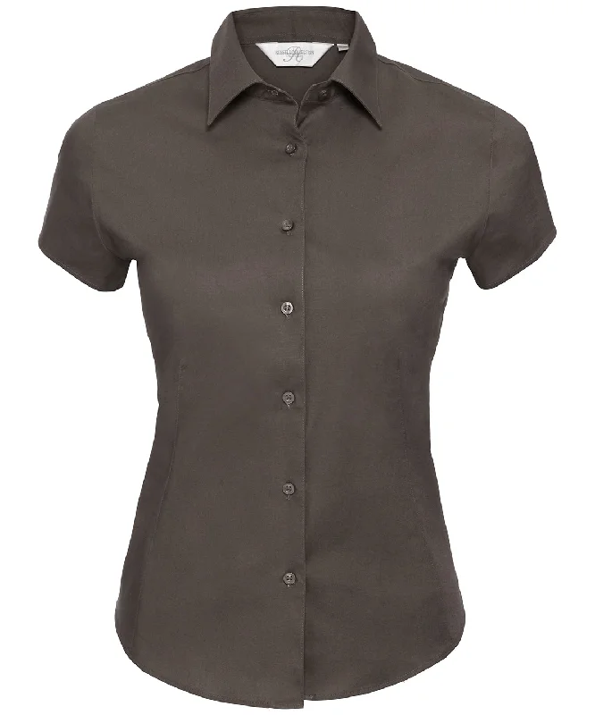 Chocolate - Women's short sleeve easycare fitted stretch shirt Wool Fabric Cashmere Fabric Tweed Fabric