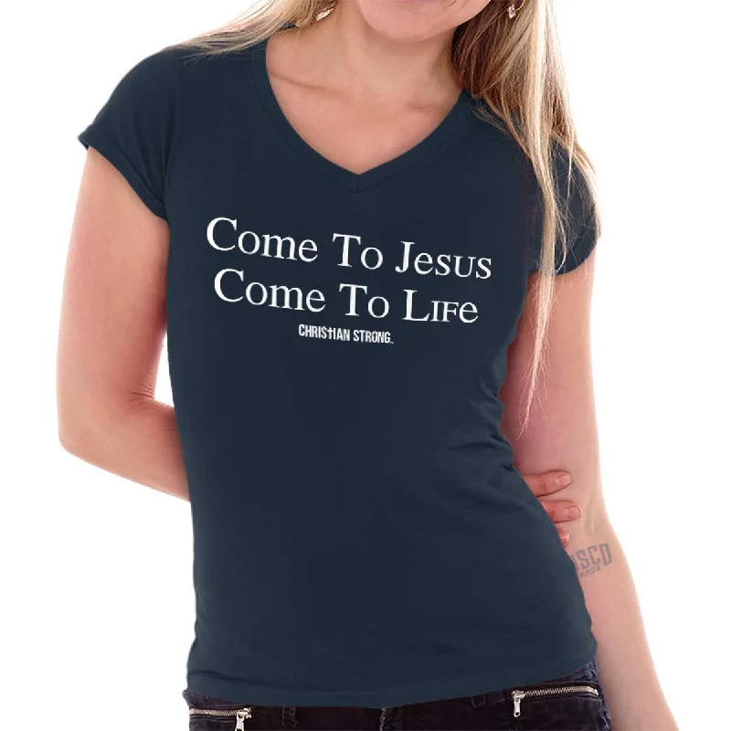 Christian Strong - Come To Jesus Printed - Junior Fitted V-Neck T-Shirt Handmade Hand-knitted Hand-woven