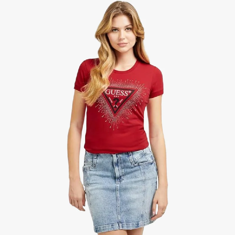 Guess Womens Star Triangle Short Sleeve Tee Red Thin T-Shirt Open Front Quick Dry