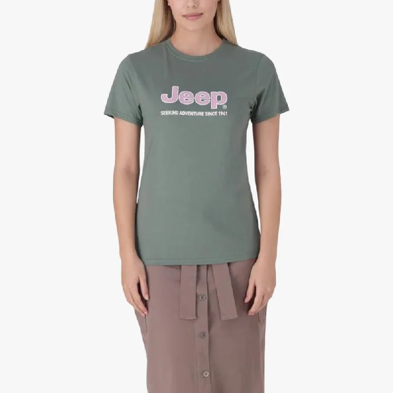 Jeep Womens Organic Core Applique Short Sleeve Tee Green Striped Floral Plaid