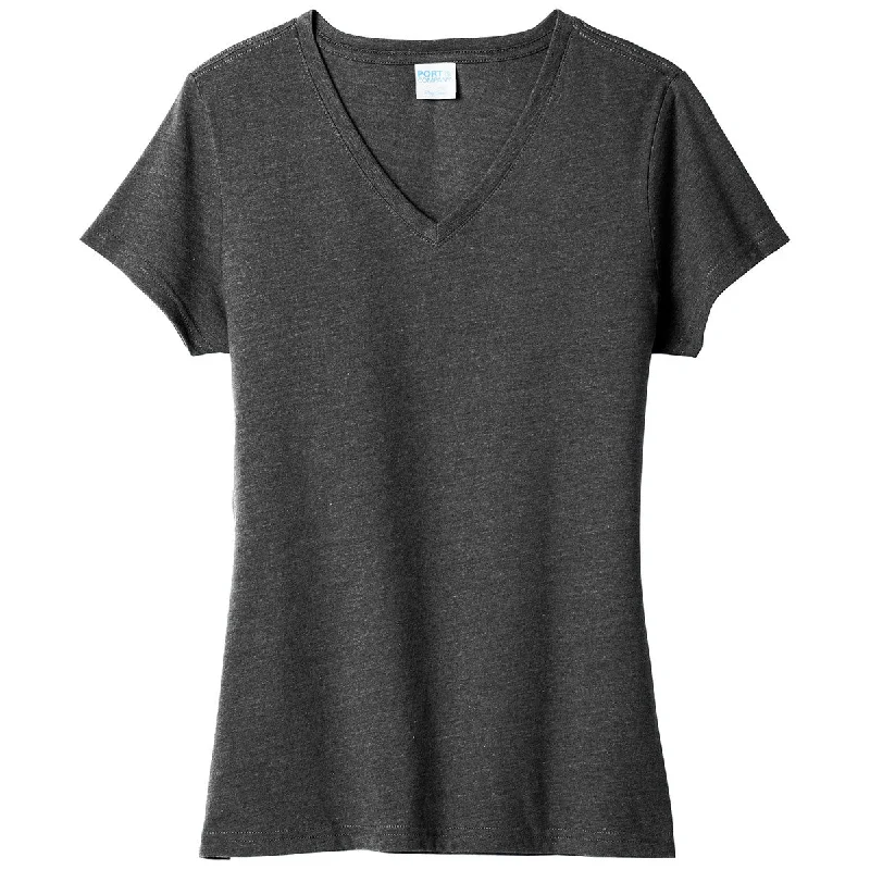 Port & Company Women's Black Heather Fan Favorite Blend V-Neck Tee Fitted T-Shirt Seamless Stretchy