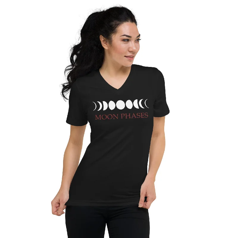 Lunar Moon Phases Waxing Waning New Full Moon Women’s Short Sleeve V-Neck T-Shirt Asymmetrical Pockets Print