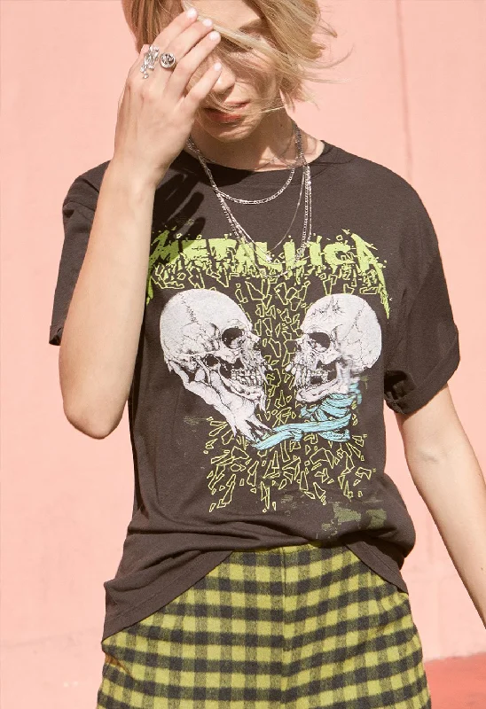 Metallica Skull Duel Boyfriend T-Shirt - Ash Black Zippered Front Buttoned Front Snap Front