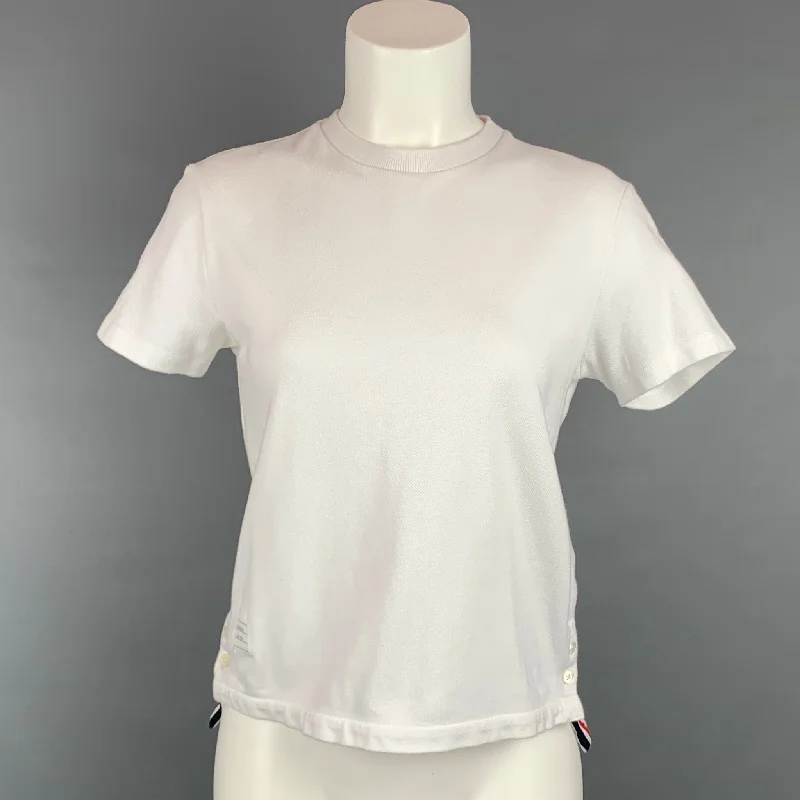 THOM BROWNE Size 2 White & Red Pique Cotton T-Shirt Elasticated Padded Insulated