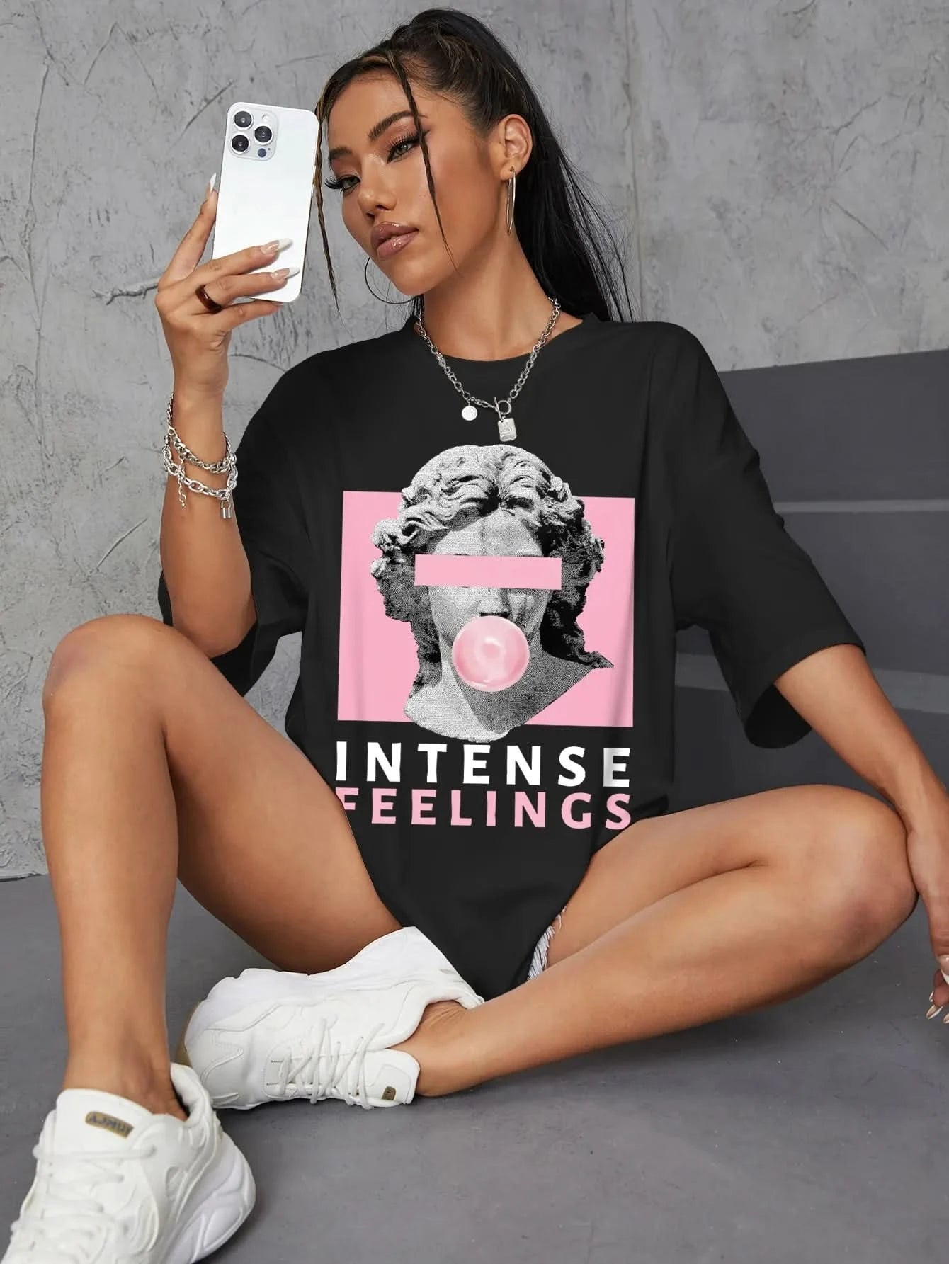 Intense Feelings Womens Oversized Graphic Tees Welt Pockets Slit Pockets